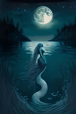 illustration of a mermaid in the moonlit lake