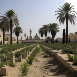 مقبرة خلف مسجد بها بعض النخيل والتين الشوكي تطل على طريق ترابي