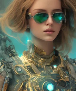 a young woman, BLONDE hair, green eyes, glasses, deep colors, cyberpunk, great pose, Realistic photography, incredibly detailed, ultra-high resolution, 8k, complex 3d render, cinema 4d, anatomically correct, dark backgorund