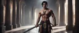 Hyper Realistic shirtless muscular handsome short black hair Indian King holding sword in a huge dark haunted hallway with traditional pillars