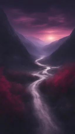 underworld background, dark purple sky, dark purple, no person, a person's point of view, dark color, dark red, mountain, tree, weeds, road in the center, riverside in the side