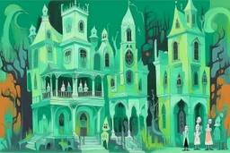 A mint colored haunted mansion with ghosts painted by Wassily Kandinsky