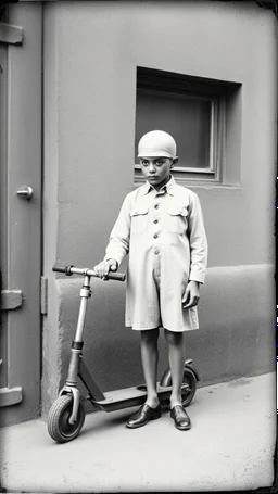 An old picture style of black and white mono very bad quality looks very old camera picture with cracks a 10!years old boy with a scooter standing aside with an Alien dressed like a man , year 1900