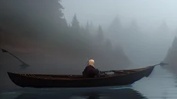 dark robe priest in a rowboat on the misty river