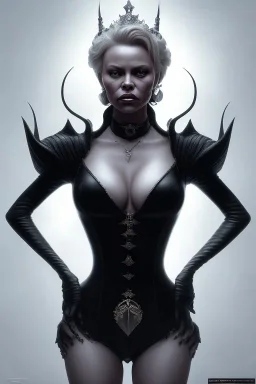 Pamela Anderson as evil queen in black leather, leather, busty, cleavage, angry, stern look. character design by cory loftis, fenghua zhong, ryohei hase, ismail inceoglu and ruan jia. unreal engine 5, artistic lighting, highly detailed, photorealistic, fantasy