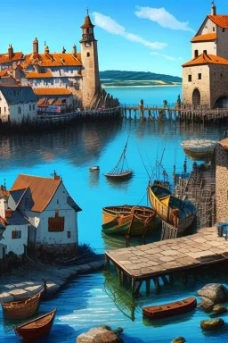 medieval fishing town, rocks, long piers, fishing boats, shops, blue sky