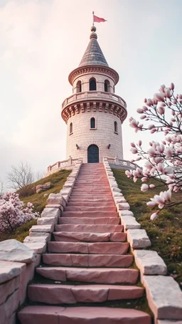 foreground path of a stair to the top of beautiful tower on the hill pink glossy stone pastel, pink stones shades, magnolia branches, blurred background, fantasy world in pastel in light pink tones, beautiful clouds and minimalism fog