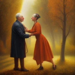 blowing leaves::woman’s pro"auto"> oil canvas of a old man and woman giving each other a hug