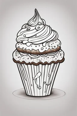 create a outlined coloring page of a smiling cup cake. Pay attention to the details of the faces and White background, sketch style, half of body, use outline, Mandala style, clean line art, no shadows, no coloring, no shading, no grey.