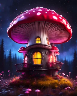 An illogically floating mushroom house on a clear night. white yellow pink red, Stars Dark cosmic interstellar. Detailed Matte Painting, deep color, fantastical, intricate detail, splash screen, hyperdetailed, insane depth, concept art, 8k resolution, trending on Artstation, Unreal Engine 5, color depth, backlit, splash art, dramatic, High Quality Whimsical Fun Imaginative Bubbly, perfect composition