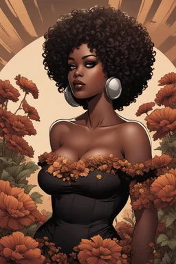 Create a comic book art image of a curvy black female wearing a brown off the shoulder blouse and she is looking down with Prominent makeup. Highly detailed tightly curly black afro. Background of large brown and black flowers surrounding her