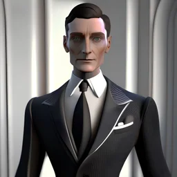 a classy British ai butler dressed in a business suit 3D 8K animated style with clear face details smooth edges, and front view