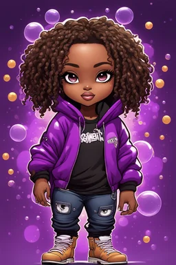 Create an colorful urban comic book illustration of a chibi cartoon black female thick curvy wearing a cut of purple hoodie and black jeans and timberland boots. Prominent make up with long lashes and hazel eyes. Highly detailed shiny sister locs. Background of a large bubbles all around her