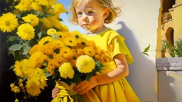 Neoclassicism child honding flowers painting yellow realistic cote d'azur