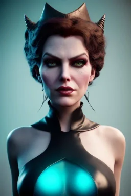 Lene Nystrøm as evil queen in black leather, busty, cleavage, voluptuous, Aqua Lene, angry, stern look. character design by cory loftis, fenghua zhong, ryohei hase, ismail inceoglu and ruan jia. unreal engine 5, artistic lighting, highly detailed, photorealistic, fantasy