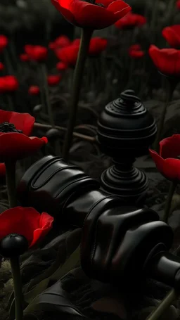 A wooden judge's gavel engraved with Tatiana's name. Next to a black pistol and two black leather gloves. Placed in a field filled with red poppies.. Dark garden background. Dark garden background cinematic.