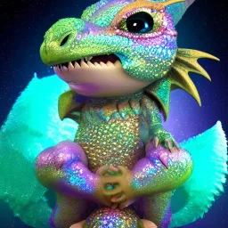 cute, adorable baby dragon made of crystals and gems, glittery scales, iridescent wings, round belly, luminous eyes, sitting on a cloud of cotton candy, muted rainbow colors, intricate, fine detail, 8k, sharp, crisp, high-quality, 3d octane render, brian froud, howard lyon, selina french, anna dittmann, lisa parker, greg rutowski, alphonse mucha