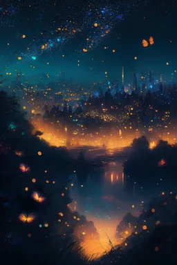 Imagine a majestic view of the "City of the Fireflies" with a vibrant, colorful landscape, where the fireflies sparkle and shine like stars in the night.