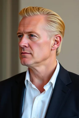 Middle aged man with blonde hair slicked back wearing a suite. photorealistic.4k