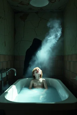"A very old paints cracked abandoned bathroom , a girl taking a bath in the half full of water and fumes in the tub , a shadow of dark hooded creature standing in front of her and she opened her mouth screaming, insanely detailed octane render trending on artstation, 8k artistic photography, photorealistic concept art, soft natural volumetric cinematic perfect light, chiaroscuro, award-winning photograph, masterpiece, oil on canvas, Raphael, Caravaggio, Greg Rutkowski, people, beksinski, Giger