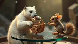 ice bear squirrel gremlin playing basket on glass table on ceres