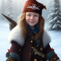 Portrait of pirate child with brown hair and with cute face, north pole snowy vibe , perfect composition, hyperrealistic, super detailed, 8k, high quality, trending art, trending on artstation, sharp focus, studio photo, intricate details, highly detailed, by greg rutkowski