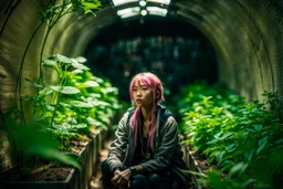 Unground underpunk and solarpunk tunnels, cinematic, extreme dof, dystopian, sci-fi, award-winning, Yui working hard in a garden, National Geographic, breath taking, oxygen farm but outside is a desert, fantasy, magical, geometry