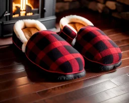 Red plaid slippers on black bearskin rug,log cabin walls, stone fireplace