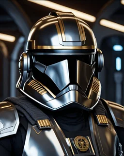 star wars bald male corellian pilot wearing pearlescent black and gunmetal grey First Order special forces armor and helmet with gold trim inside the jedi temple, centered head and shoulders portrait, hyperdetailed, dynamic lighting, hyperdetailed background, 8k resolution, volumetric lighting, light skin, fully symmetric details