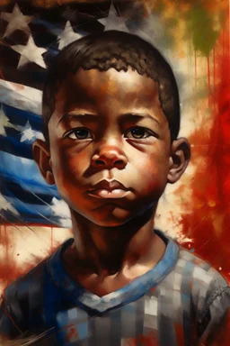 an expressive painting of a black boy painting, with American flag in the background, we might see a companion with features of absolute strength and determination, blended with warmth and deep faith. Perhaps his face expresses wisdom and courage, with eyes radiating confidence and faith.
