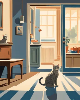 prompt : a retro-style illustrative scene in the spirit of mid-20th-century American realism, reminiscent of watercolor or gouache commercial artwork from the 1940s–1960s. The setting is a cozy indoor room with muted beige walls and a blue-gray floor. In the foreground, a gray tabby cat sits upright on the floor behind a wooden sign that reads “ROOMBA RIDES $1” in bold, vintage lettering. The cat is not on a Roomba and appears to be managing the ride service, accepting a crumpled dollar bill fro