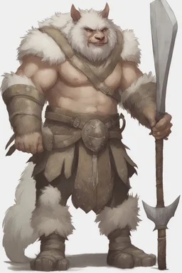 Dnd a young bugbear with WHITE fur and leather armor, tusks