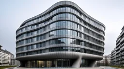 A building with a bold, curvilinear design nestled in a drab, grey urban environment
