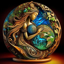 🔥 PROMPT: A surrealistic art piece featuring Mother Earth cradling Planet Earth in her arms. The sculpture is intricately carved from interlacing wood, with stained glass inlays that illuminate the artwork. The filigree design draws inspiration from Irish folk art, blending the styles of James Rizzi, Mary Anning, Rufino Tamayo, and Carl Kleiner. Set against a dark background, the illuminated sculpture installation presents a stunning fusion of nature and art, with detailed craftsmanship and vib