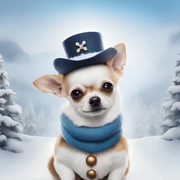 a small dog dressed up as a snowman, hollywood promotional image, playstation 5 graphics, profile picture 1024px, chihuahua, movie promotional image, rankin, listing image, cgi society, 2 0 1 9, icon for an ai app, characters merged, character close-up, freezing, h 1024, shot with Sony Alpha a9 Il and Sony FE 200-600mm f/5.6-6.3 G OSS lens, natural light, hyper realistic photograph, ultra detailed -ar 3:2 -q 2 -s 750