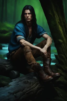 evan buckley with long dark hair and blue eyes sitting on a log , photorealistic, 4k, dark fantasy