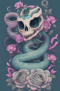 Kawaii Pastel Goth Cute Creepy Skull Serpent Snake Roses high detailed, 4k resolution, digital paiting, cute, art, no background vector