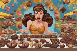 an angry (evil-woman-with-small-horns-on-her-head, beautiful-face-with-light-glowing-eyes), very-angry-looking, a man throws all kinds of chocolates, chocolate bars, bonbons, truffles in front of her from a distance