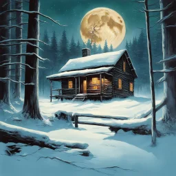 Movie poster for "MISERY" depicting snowbound cabin in the woods lit by full moon, double exposure dramatic movie poster art by Drew Struzan, modern movie poster art by John Alvin, rich colors.