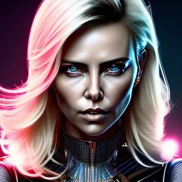 Charlize Theron, Cyborg anime samurai, cyberpunk, white skin, light blonde hair, pixie hair, cobalt eyes, waist up portrait, 8k resolution, retroanime, intricate details, neon details, soft lighting, vibrant colors, masterpiece, intricate eyeliner, dark eyeshadow, eyes, intricate tattoos, gradient background