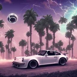 1980's aesthetic vaporwave palm trees and spheres and Porsche with lightning