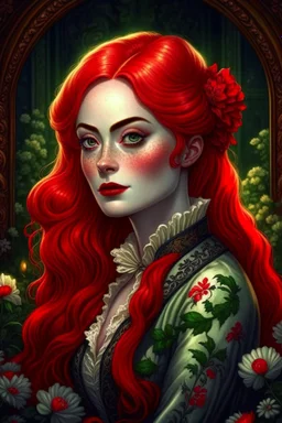 Somatou Style, European Features, Nanette Fluhr, Gustave courbet style , Lindsay Lohan red hair teenager, Digital art anime, the scene is depicted in a realistic style, Portrait, with a somber sort of elegance, Victorian-inspired illustrations, elegant lines and shading, Floral accents, Regal background, Dark fantasy art , Supernatural Mystery