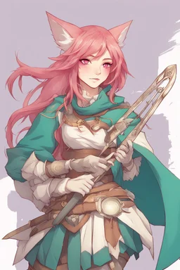 Teenaged Female kitsune paladin/bard with red, teal, and pink hair