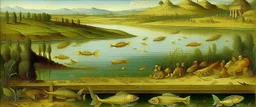 A mechanical farmland near a lake with fish painted by Leonard da Vinci