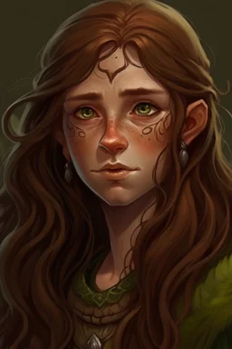 Gnom, braune lange wilde Haare, große, auffällig dicker Nase, grüne Augen, sehr jung (etwa zwanzig Jahre) , Druide, gebräunte Haut, Zeichen im Gesicht, kein Bart