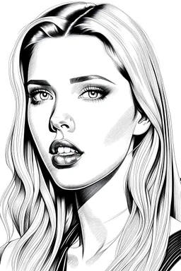 Beautiful black and white pencil drawing of Scarlett Johansson. She has long blonde hair. The background is white. She is looking directly at the viewer.