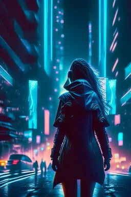 dust woman disappearing from the back dissapearing silhouetted by neon lights facing night futuristic city in photorealistic style, cyberpunk, ice blue neon signs, street level view, raytracing, depth of field, cinematic, highly detailed, rim lighting