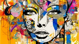 A mixed media collage featuring an abstract female figure with expressive eyes, adorned in vibrant patterns and symbols that evoke emotion., focus on face, isolated background, color splashes, scribbles, pen strokes, collage style, mixed media collage, scrapbook aesthetic, yellow-orange black purple pink white tones, vintage paper textures, hand drawn elements, playful use of shapes, bold shadows, whimsical atmosphere, textured brushstrokes, monochromatic palette, light pastel colors --ar 1:2 --