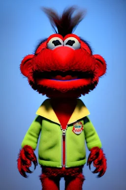 Waist up muppet Portrait, Nicolas maduro muppet doll, tracksuit red blue and yellow, mustache, photo studio, red background, unreal engine 5, concept art, art station, ray tracing, lumen lighting, ultra detail, volumetric lighting, 3d.