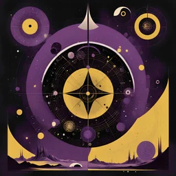 Malthusian Dystopia, revelations alpha and omega symbols, abstract art, by Graham Sutherland and Ed Reinhardt and Arthur Secunda, mind-bending illustration, asymmetric, dynamic diagonal composition, morse code dot and dash textures, dark colors, purple and yellow splash art, by petros Afshar